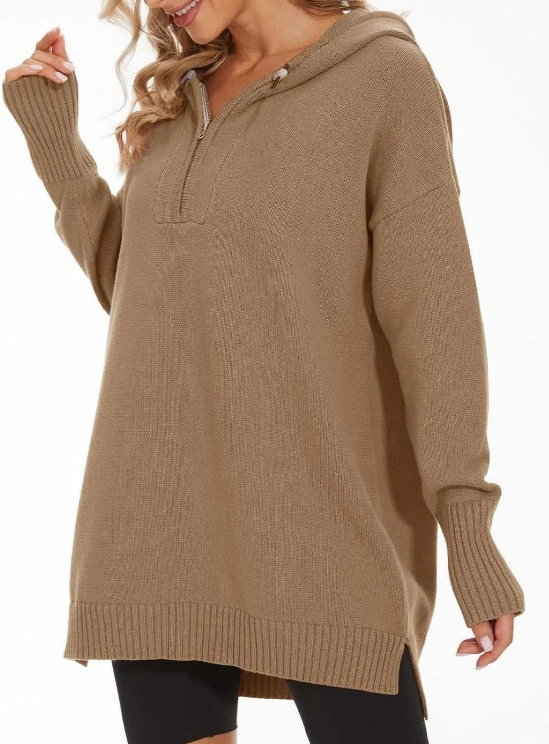 Women??s Hooded Sweater Loose Half Zip Drawstring Pullover Sweatshirt Top Casual Long Sleeve Side Slit Knit Hoodie