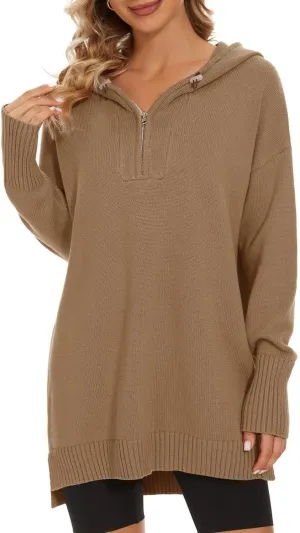 Women??s Hooded Sweater Loose Half Zip Drawstring Pullover Sweatshirt Top Casual Long Sleeve Side Slit Knit Hoodie