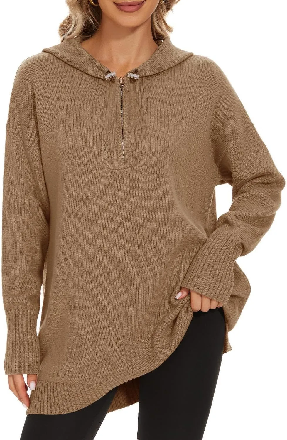 Women??s Hooded Sweater Loose Half Zip Drawstring Pullover Sweatshirt Top Casual Long Sleeve Side Slit Knit Hoodie