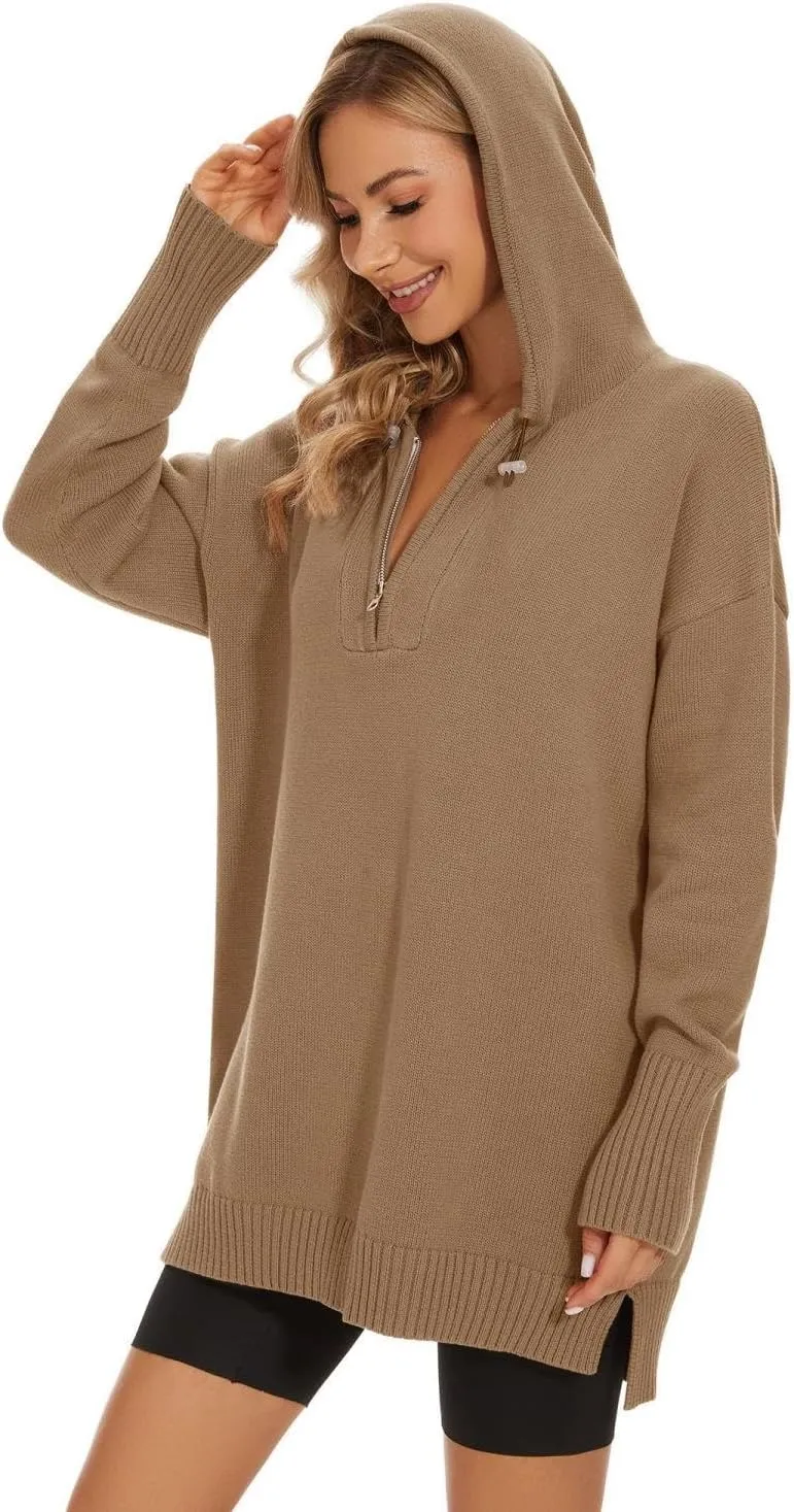 Women??s Hooded Sweater Loose Half Zip Drawstring Pullover Sweatshirt Top Casual Long Sleeve Side Slit Knit Hoodie