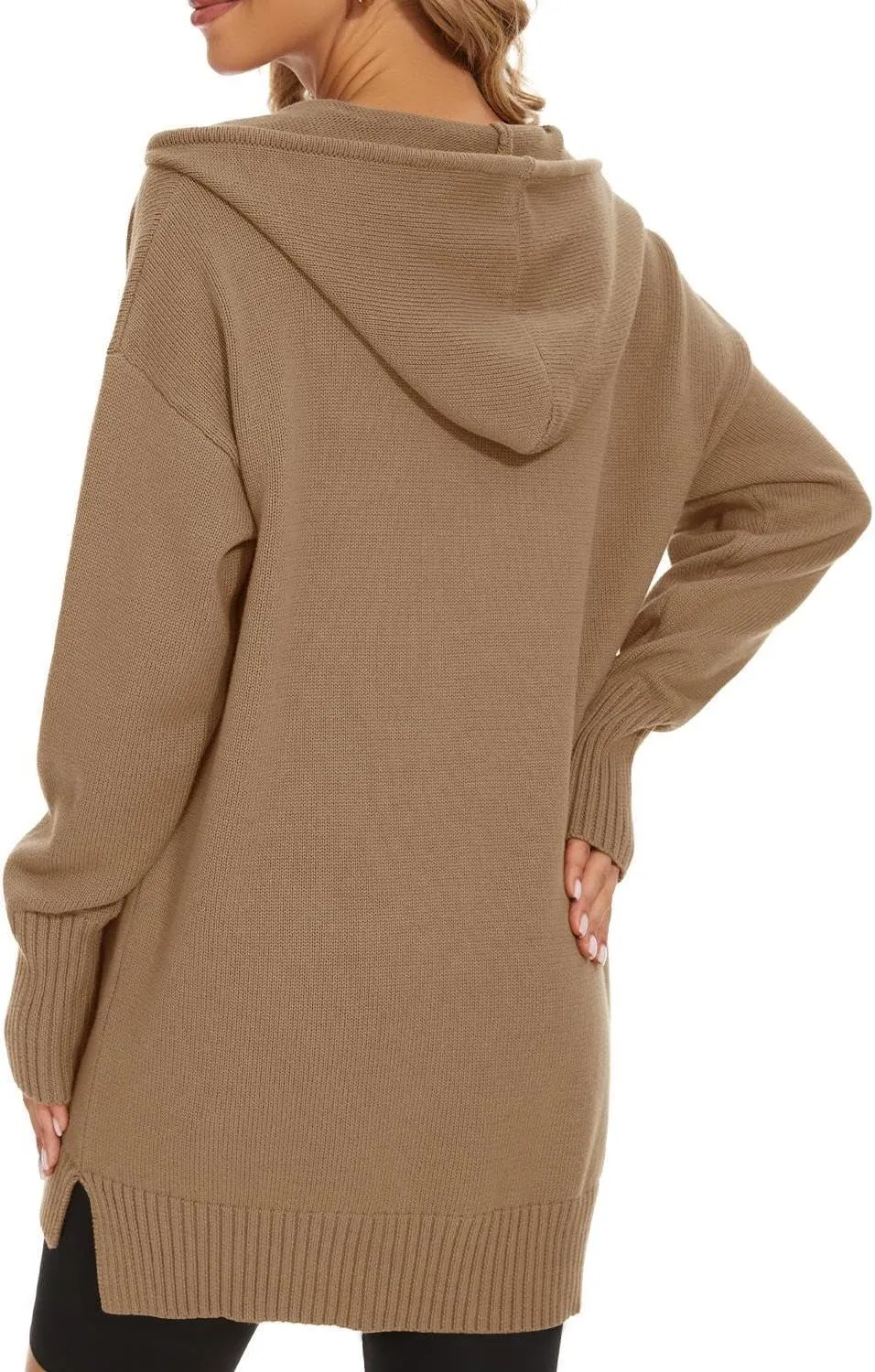 Women??s Hooded Sweater Loose Half Zip Drawstring Pullover Sweatshirt Top Casual Long Sleeve Side Slit Knit Hoodie