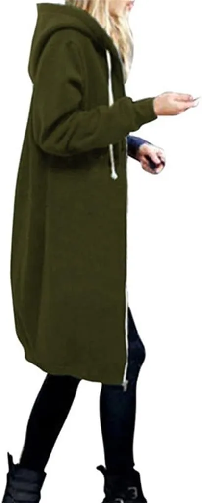 Womens Hoodies Zip Up Long Jackets Fleece Tunic Sweatshirt Oversized Outwear Thick Warm Coat with Pockets