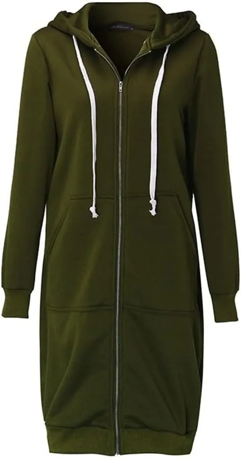 Womens Hoodies Zip Up Long Jackets Fleece Tunic Sweatshirt Oversized Outwear Thick Warm Coat with Pockets