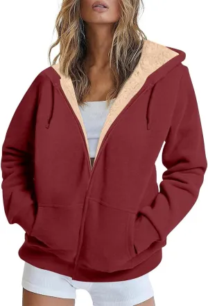 Womens Hoodies Zip Up Sherpa Lined Fleece Warm Jackets Cute Zip Up Sweatshirt Hooded Cardigan Winter Coats With Pocket