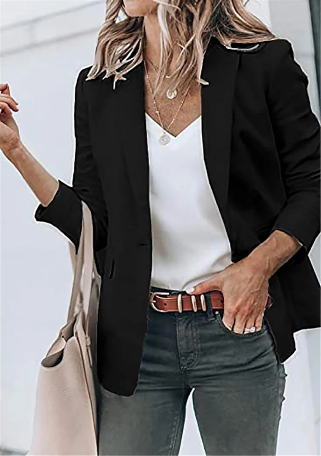 Women's Lapel Collar Open Front Jackets Long Sleeve Business Blazer Casual Work Office Outfit with Side Pocket