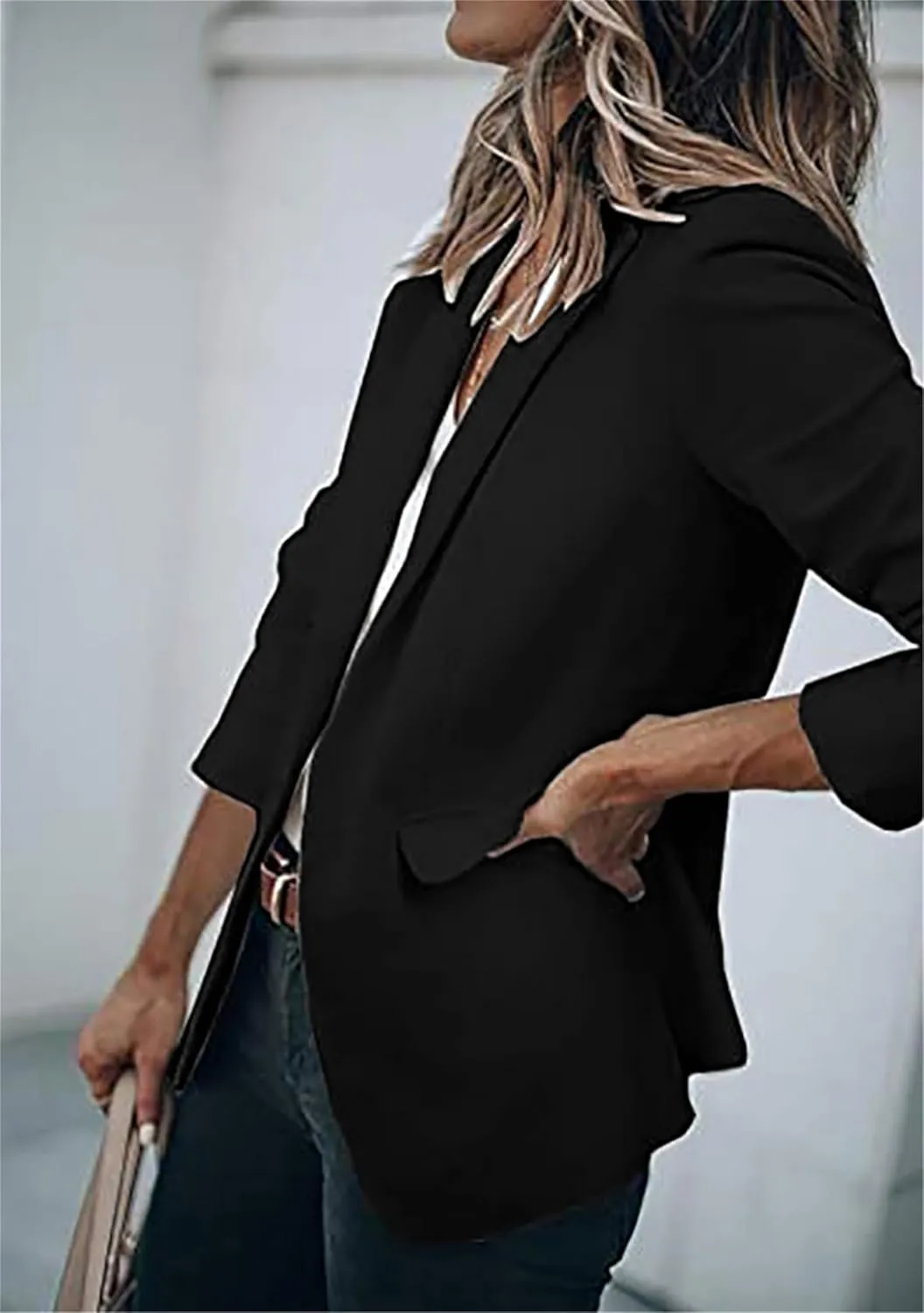 Women's Lapel Collar Open Front Jackets Long Sleeve Business Blazer Casual Work Office Outfit with Side Pocket