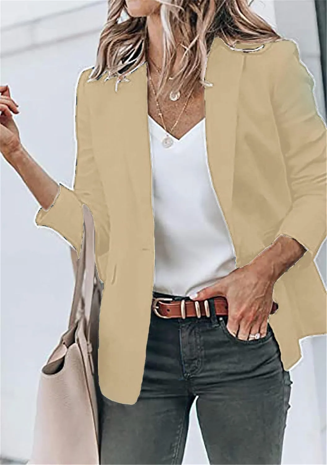Women's Lapel Collar Open Front Jackets Long Sleeve Business Blazer Casual Work Office Outfit with Side Pocket