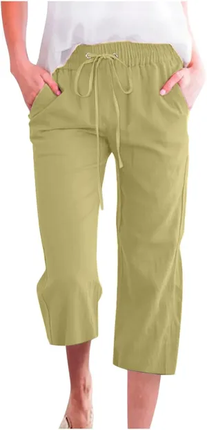Women's Linen Blend Summer Flowy Pants Elastic Waist Stretchy Slim-Fit Trouser Vacation