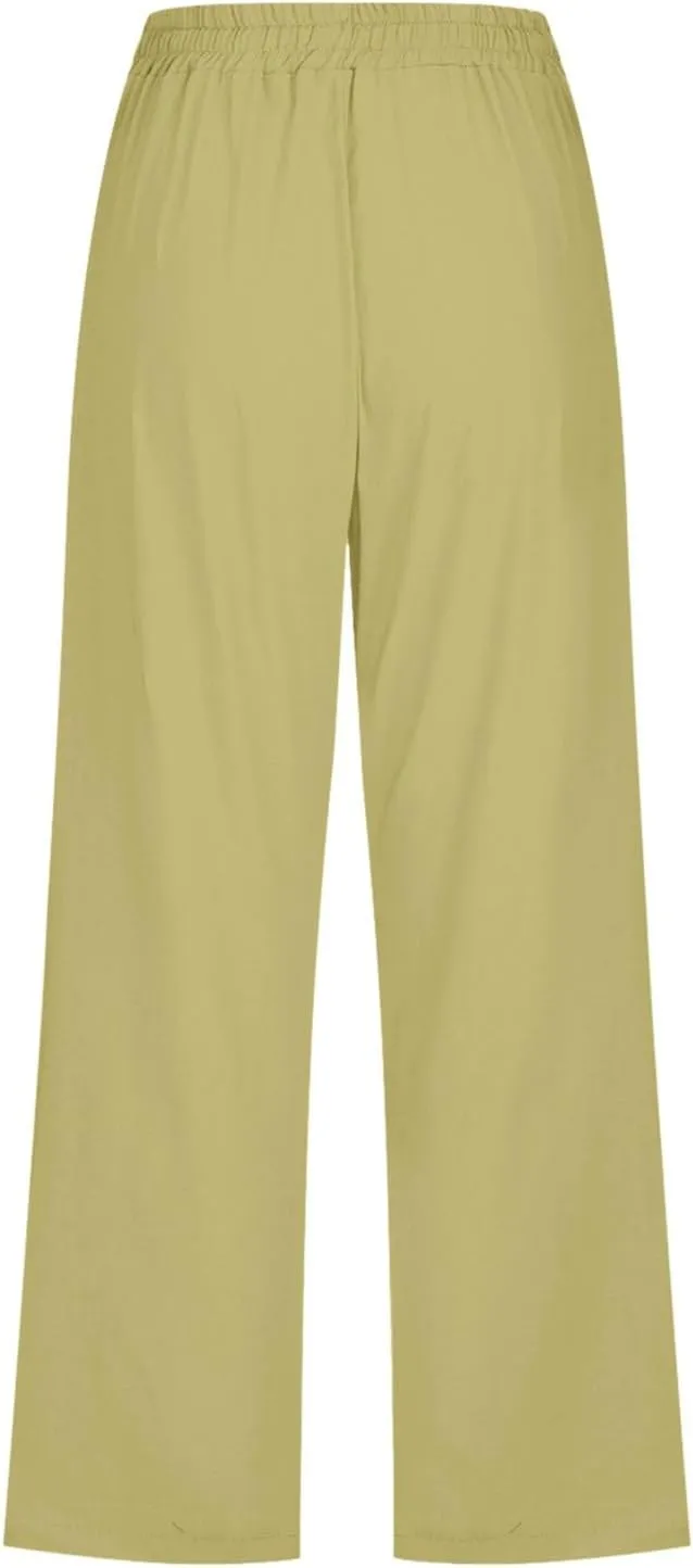 Women's Linen Blend Summer Flowy Pants Elastic Waist Stretchy Slim-Fit Trouser Vacation