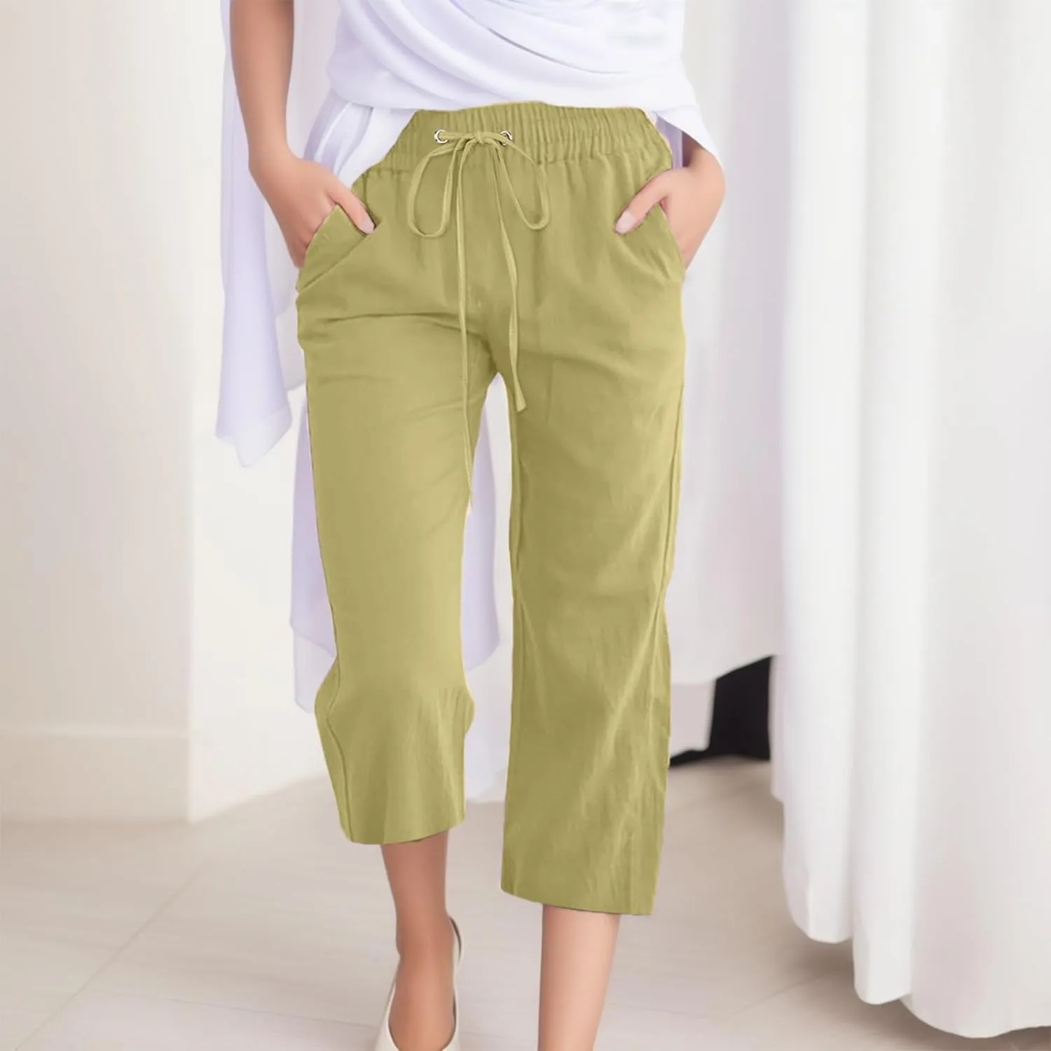 Women's Linen Blend Summer Flowy Pants Elastic Waist Stretchy Slim-Fit Trouser Vacation