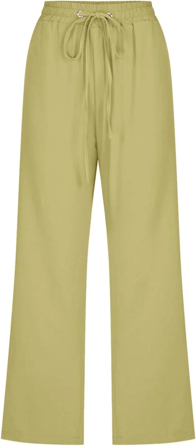 Women's Linen Blend Summer Flowy Pants Elastic Waist Stretchy Slim-Fit Trouser Vacation