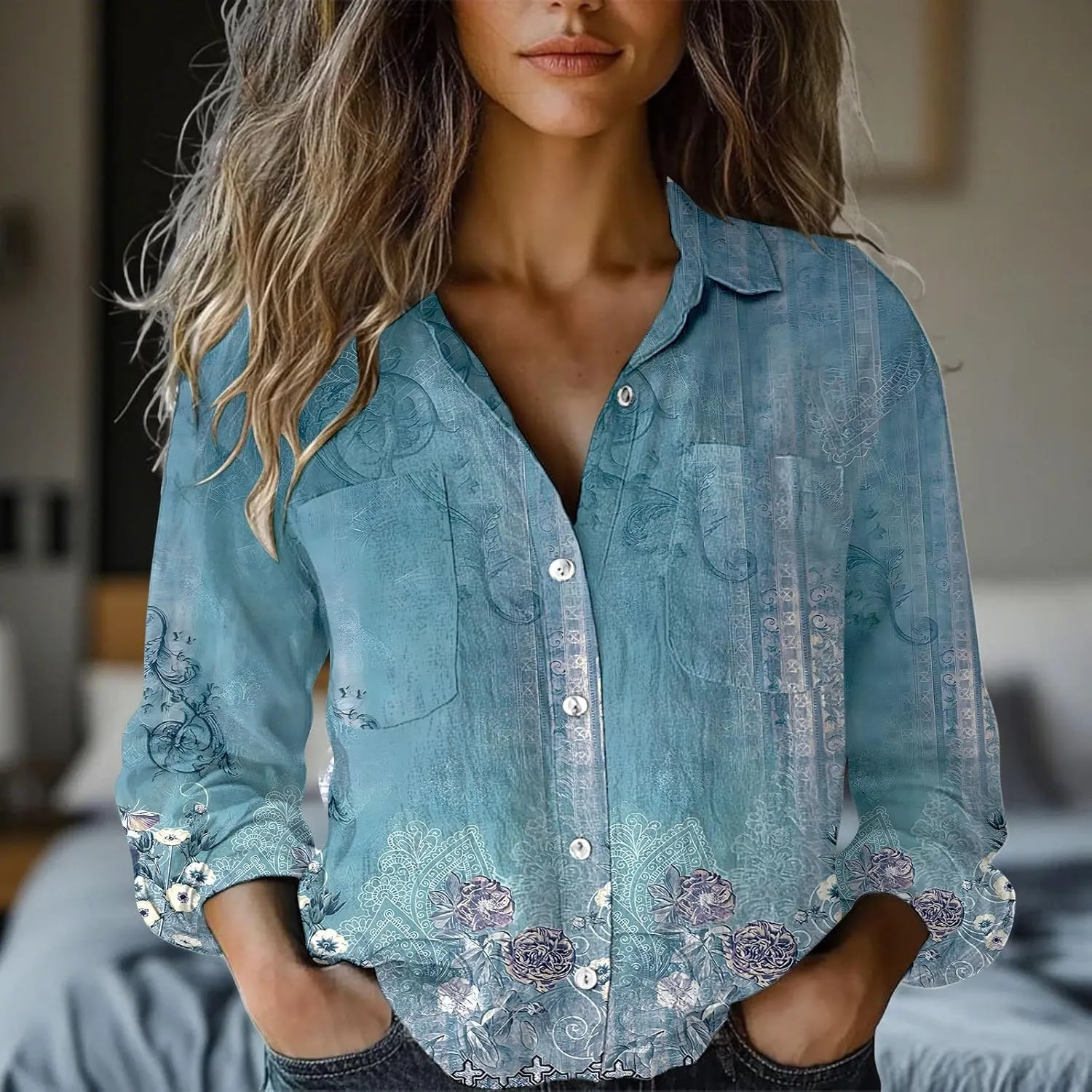 Womens Linen Button Down Shirts 2025 Floral Printed V Neck Long Sleeve Blouse Collared Boho Shirt Tops with Pocket