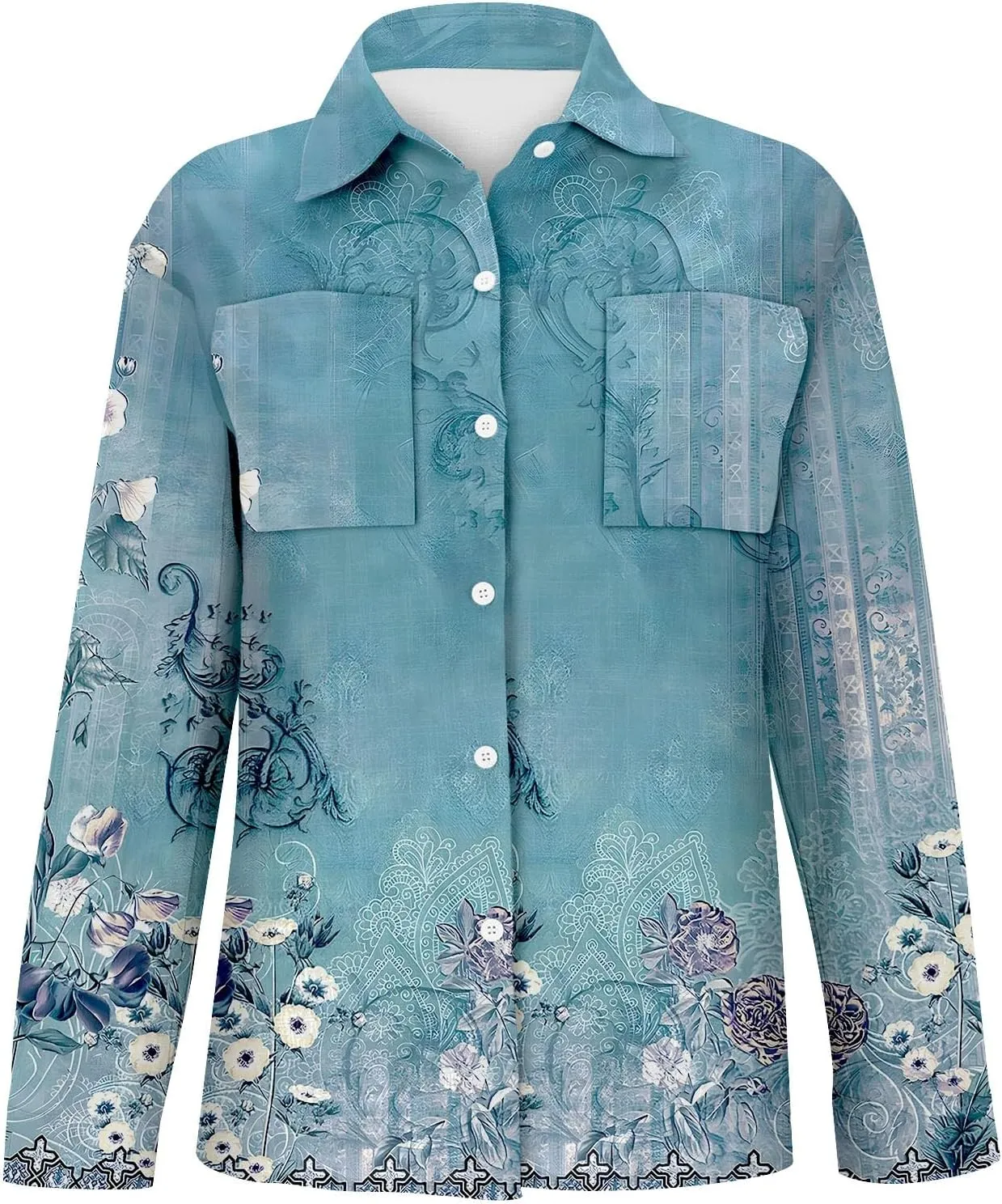 Womens Linen Button Down Shirts 2025 Floral Printed V Neck Long Sleeve Blouse Collared Boho Shirt Tops with Pocket