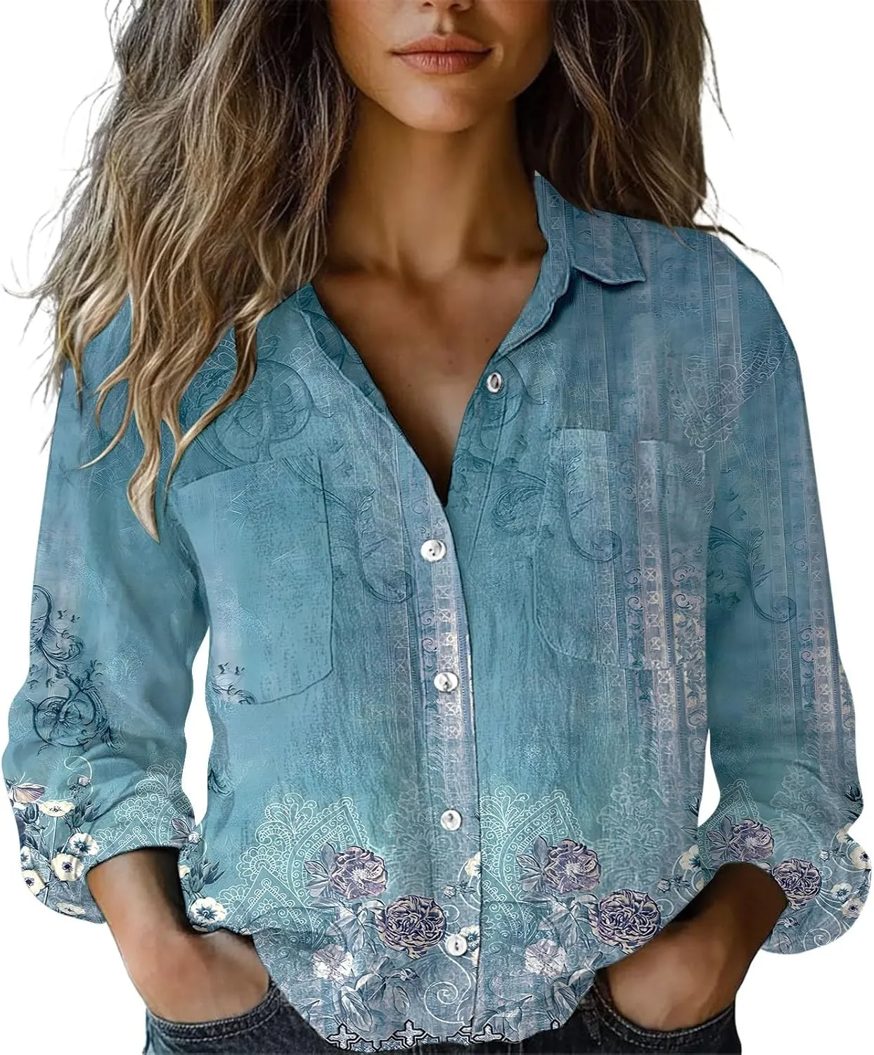 Womens Linen Button Down Shirts 2025 Floral Printed V Neck Long Sleeve Blouse Collared Boho Shirt Tops with Pocket