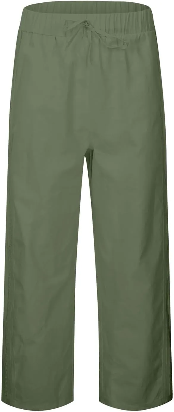 Womens Linen Capri Pants Straight Leg Elastic Waist Drawstring Casual Loose Trousers with Pockets