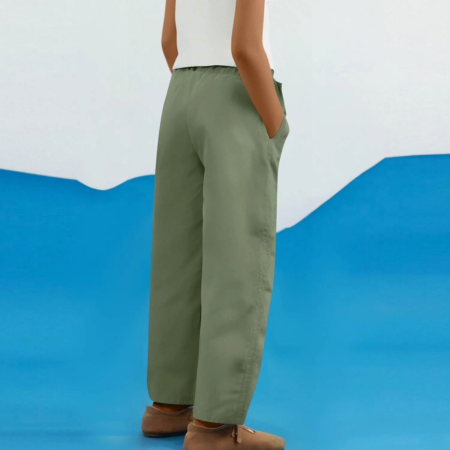 Womens Linen Capri Pants Straight Leg Elastic Waist Drawstring Casual Loose Trousers with Pockets