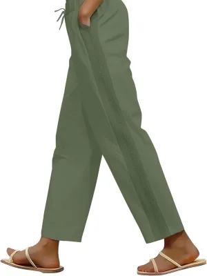 Womens Linen Capri Pants Straight Leg Elastic Waist Drawstring Casual Loose Trousers with Pockets