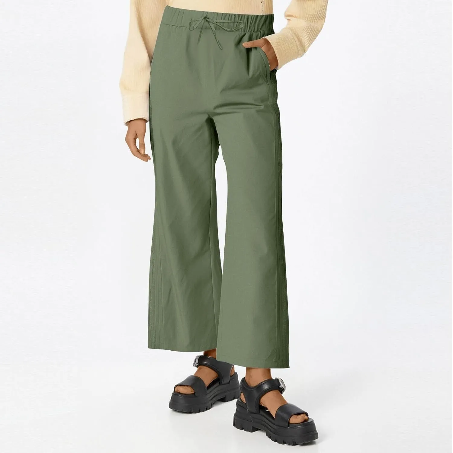 Womens Linen Capri Pants Straight Leg Elastic Waist Drawstring Casual Loose Trousers with Pockets