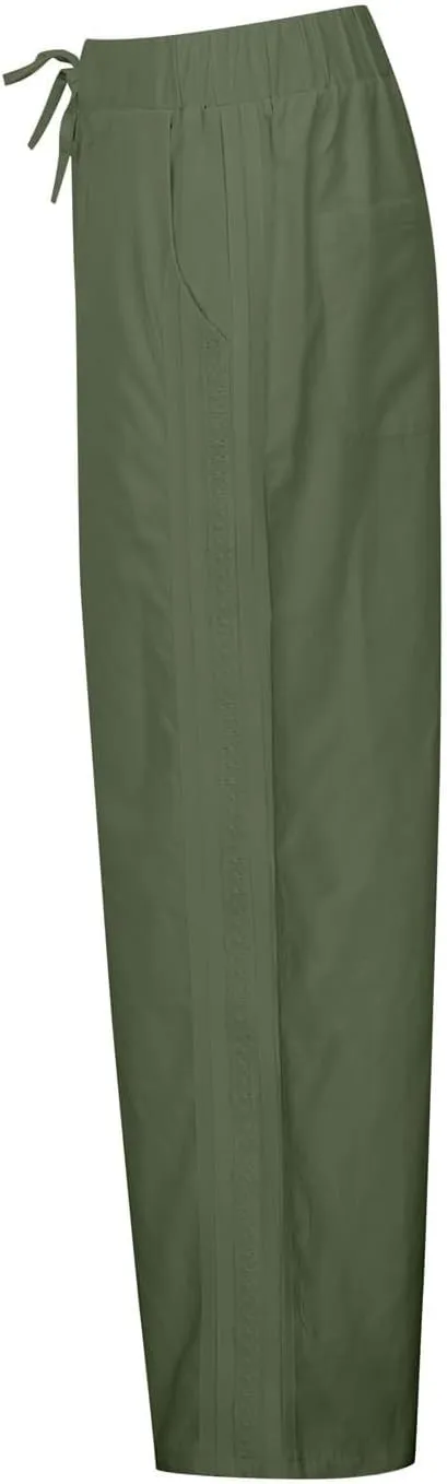 Womens Linen Capri Pants Straight Leg Elastic Waist Drawstring Casual Loose Trousers with Pockets