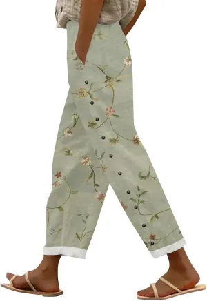Women's Linen Capri Pants Striped Elastic Waistband High Waistband Pocket Pants Side Nine Lightweight Loose Trousers