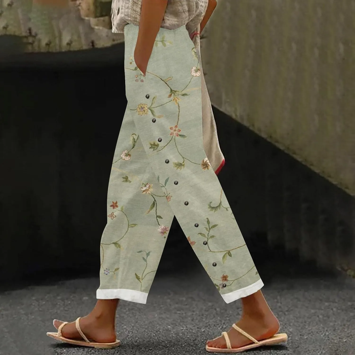 Women's Linen Capri Pants Striped Elastic Waistband High Waistband Pocket Pants Side Nine Lightweight Loose Trousers