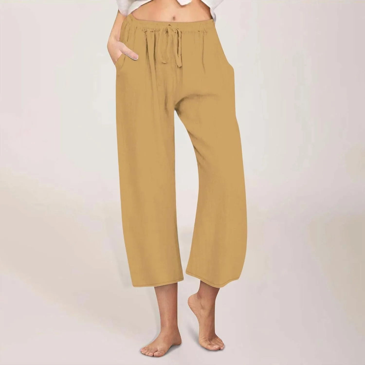Womens Linen Pants Casual Lightweight Drawstring Elastic Waist Pants Summer Loose Straight Leg Trousers