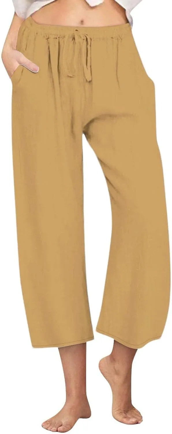 Womens Linen Pants Casual Lightweight Drawstring Elastic Waist Pants Summer Loose Straight Leg Trousers