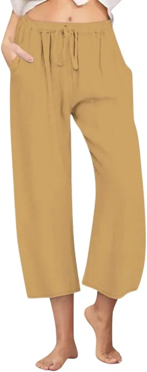 Womens Linen Pants Casual Lightweight Drawstring Elastic Waist Pants Summer Loose Straight Leg Trousers