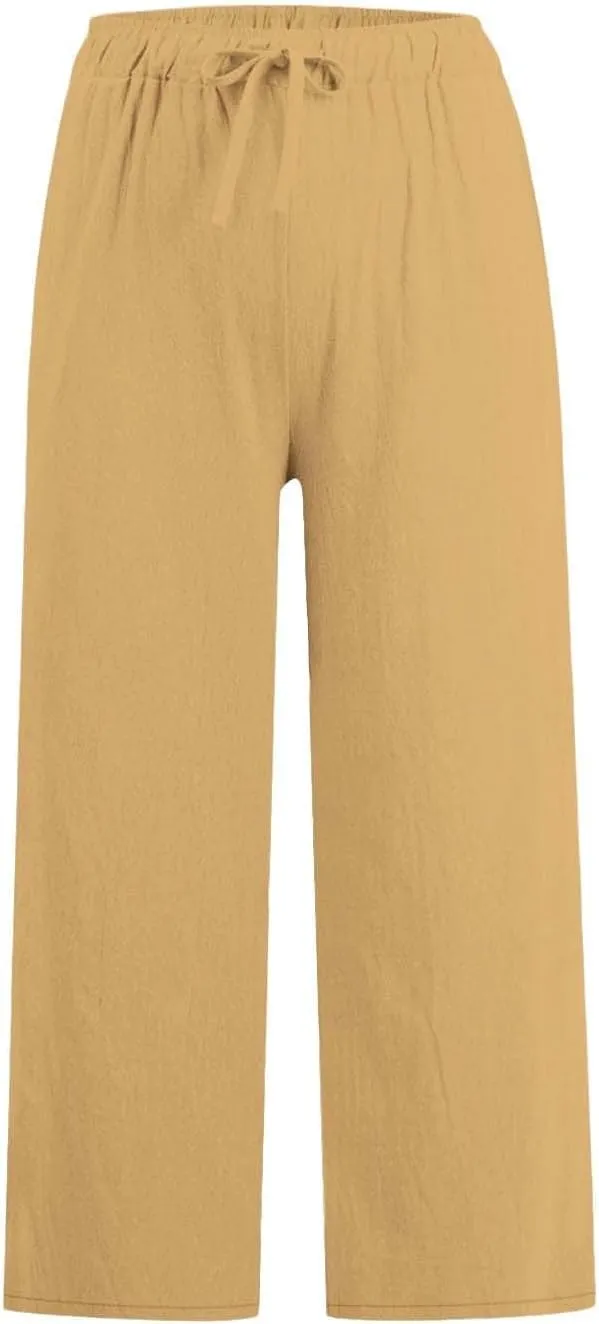 Womens Linen Pants Casual Lightweight Drawstring Elastic Waist Pants Summer Loose Straight Leg Trousers