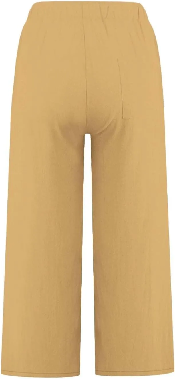 Womens Linen Pants Casual Lightweight Drawstring Elastic Waist Pants Summer Loose Straight Leg Trousers