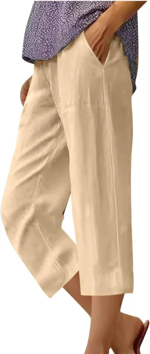 Womens Linen Pants Casual Loose Fit Lounge Trousers Summer Elastic Waist Straight Leg Cropped Palazzo with Pockets