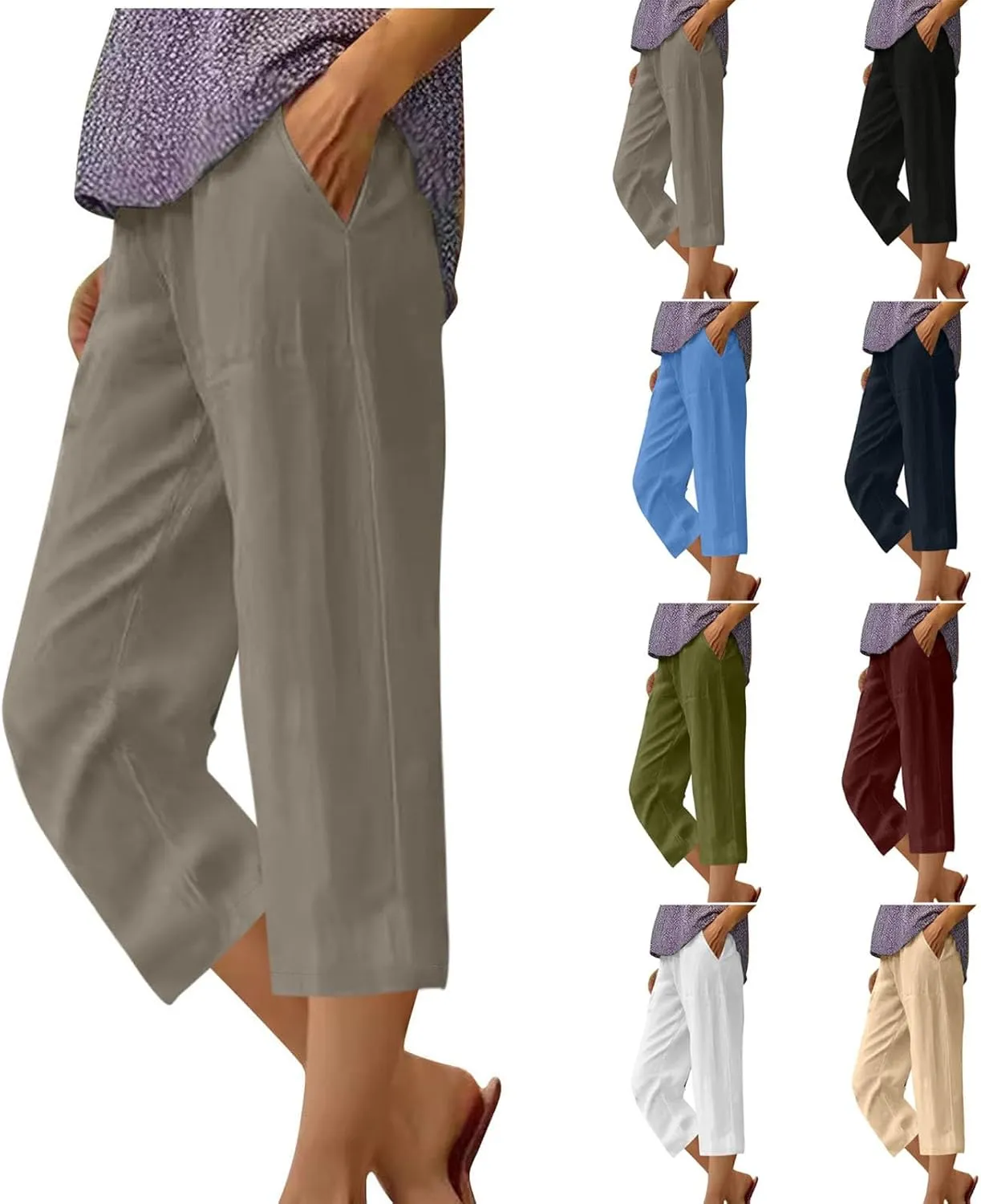 Womens Linen Pants Casual Loose Fit Lounge Trousers Summer Elastic Waist Straight Leg Cropped Palazzo with Pockets