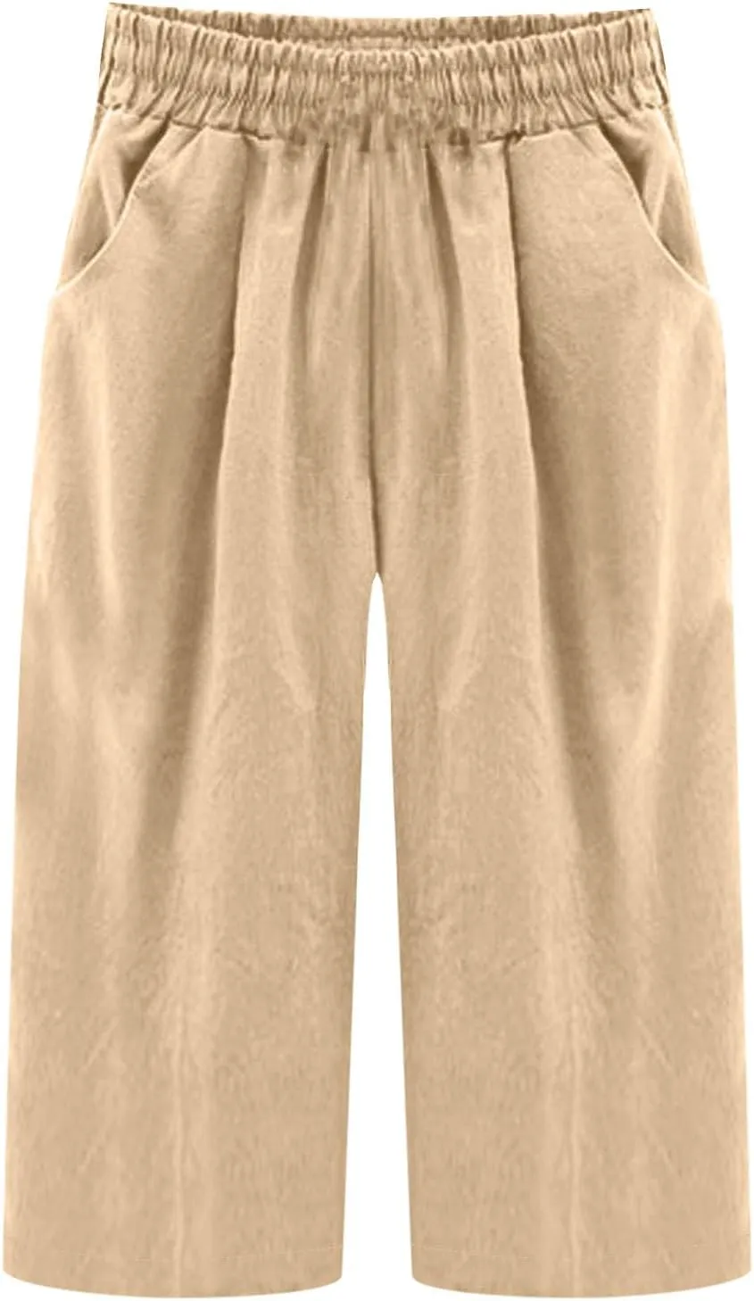 Womens Linen Pants Casual Loose Fit Lounge Trousers Summer Elastic Waist Straight Leg Cropped Palazzo with Pockets