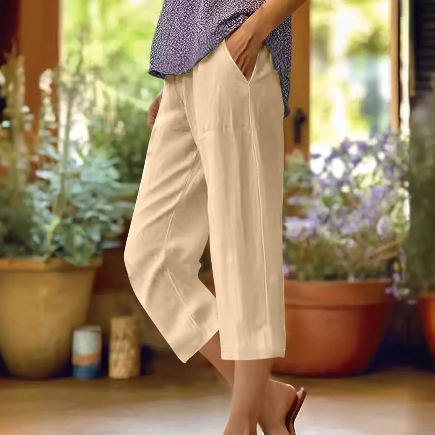 Womens Linen Pants Casual Loose Fit Lounge Trousers Summer Elastic Waist Straight Leg Cropped Palazzo with Pockets