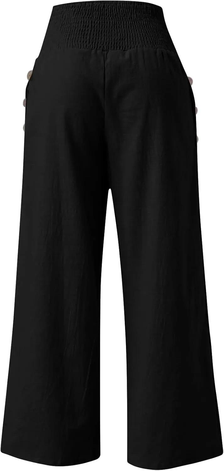 Womens Linen Pants with Pockets Vacation Dressy Elastic Waist Lightweight Casual Cotton Linen Capris