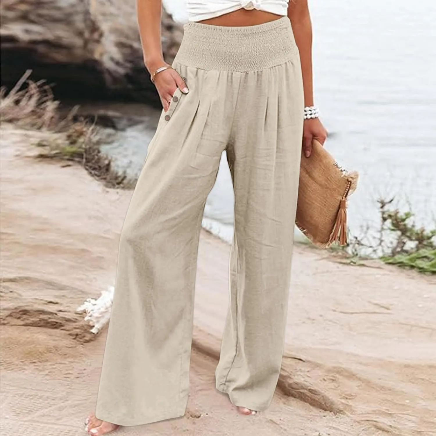 Womens Linen Pants with Pockets Vacation Dressy Elastic Waist Lightweight Casual Cotton Linen Capris
