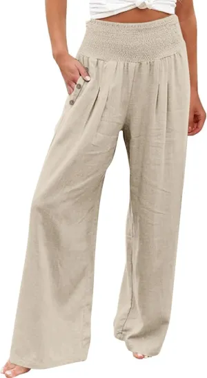Womens Linen Pants with Pockets Vacation Dressy Elastic Waist Lightweight Casual Cotton Linen Capris