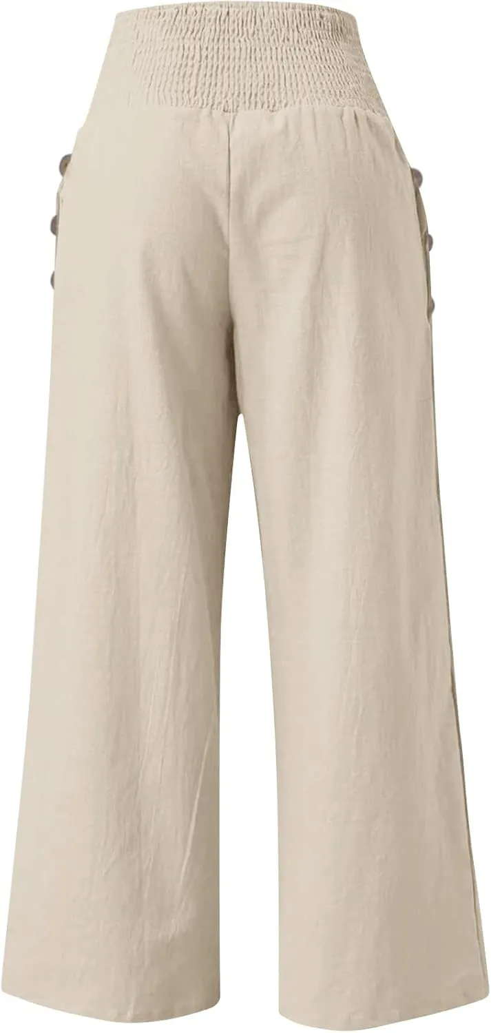 Womens Linen Pants with Pockets Vacation Dressy Elastic Waist Lightweight Casual Cotton Linen Capris
