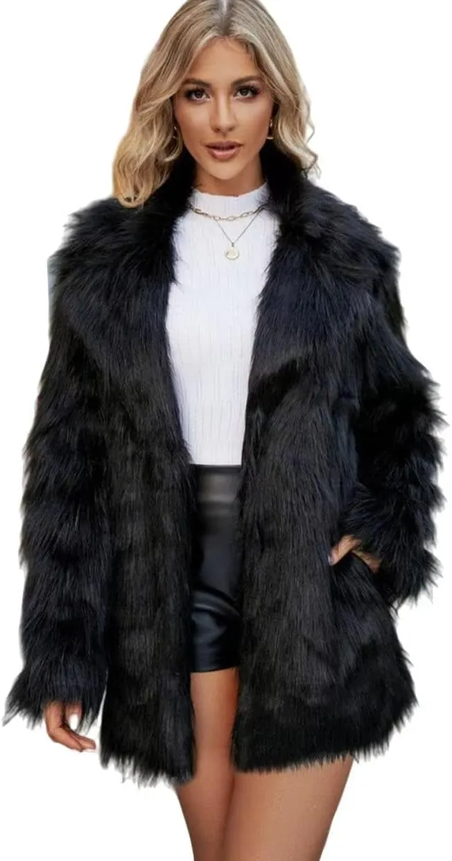 Womens Long Faux Fur Coat Loose Winter Jackets Trendy Luxury Trench Coat Open Front Lapel Outerwear