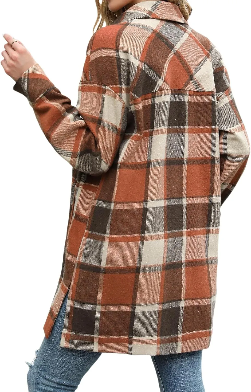 Women's Long Plaid Jacket Long Sleeve Snap Button Flannel Trench Coat Side Split Tartan Shacket Shirts with Pockets