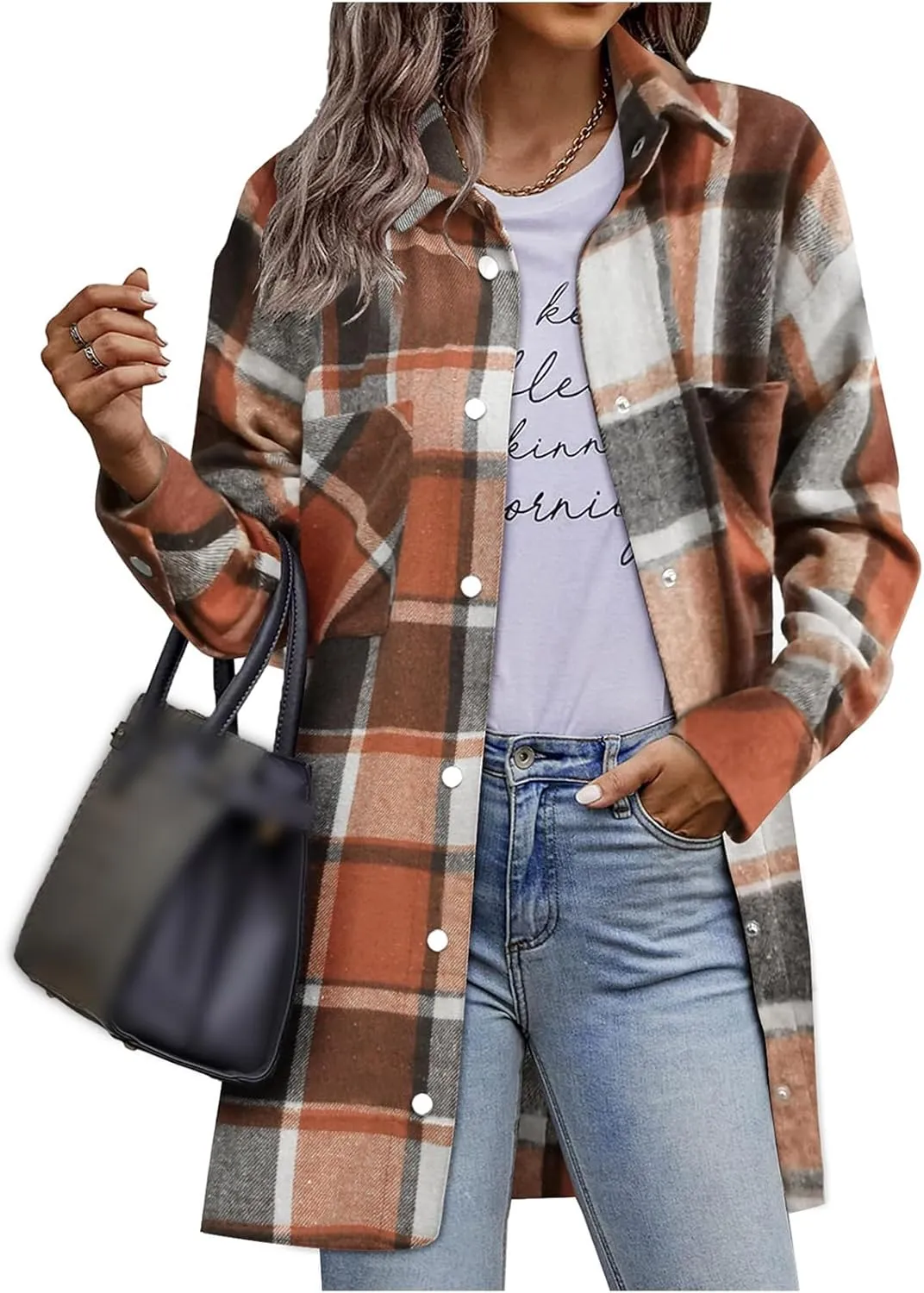 Women's Long Plaid Jacket Long Sleeve Snap Button Flannel Trench Coat Side Split Tartan Shacket Shirts with Pockets
