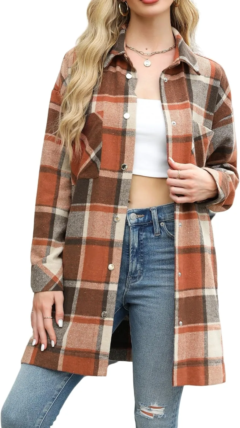 Women's Long Plaid Jacket Long Sleeve Snap Button Flannel Trench Coat Side Split Tartan Shacket Shirts with Pockets