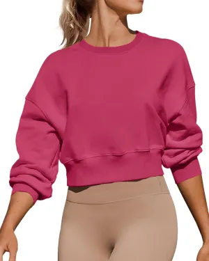 Women's Long Sleeve Round Neck Cropped Sweatshirts Cute Loose Fit Pullover Tops