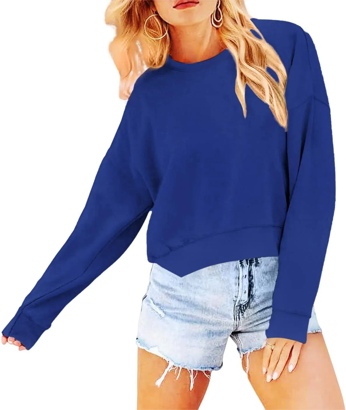 Women's Long Sleeve Round Neck Cropped Sweatshirts Cute Loose Fit Pullover Tops