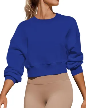 Women's Long Sleeve Round Neck Cropped Sweatshirts Cute Loose Fit Pullover Tops