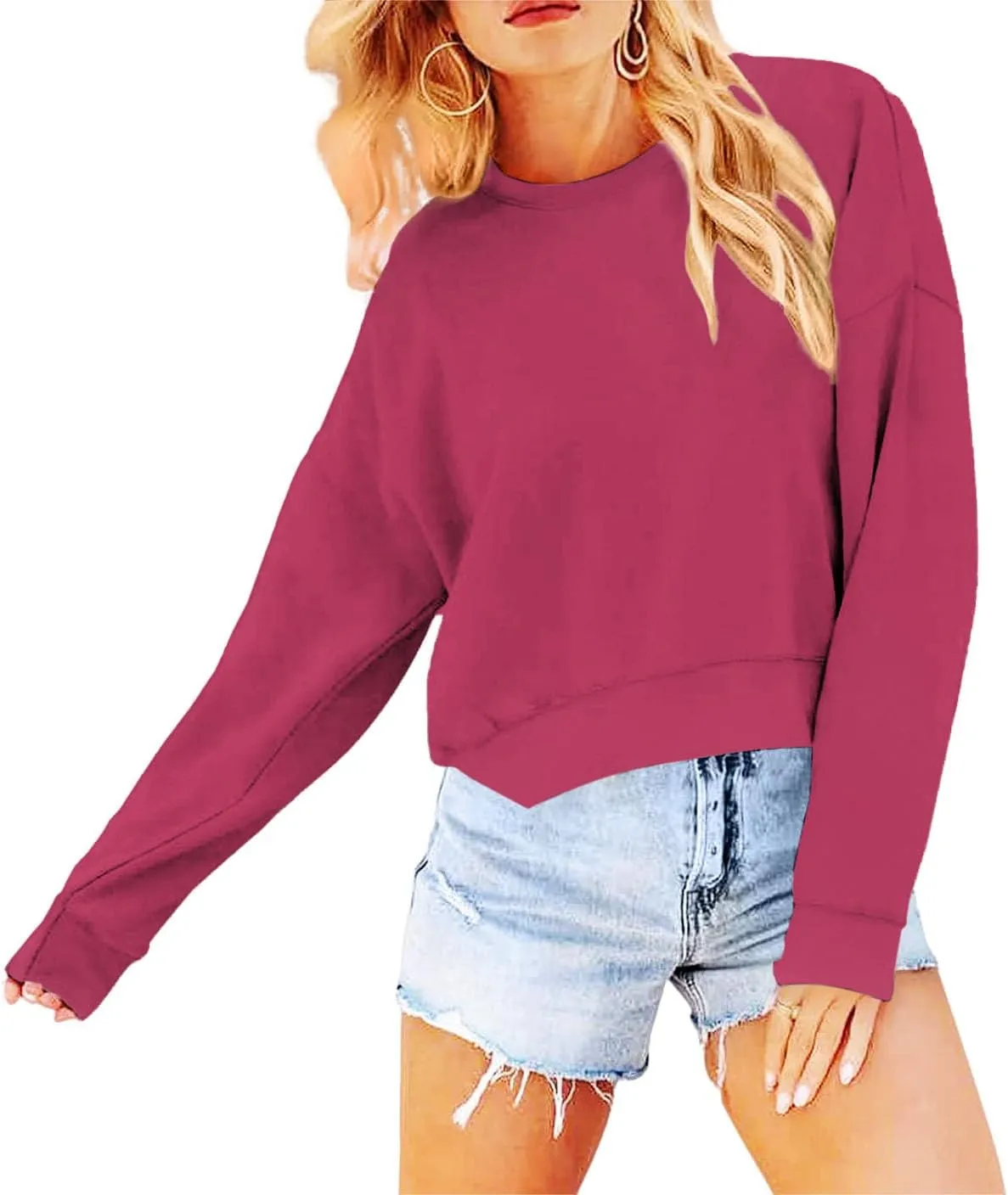 Women's Long Sleeve Round Neck Cropped Sweatshirts Cute Loose Fit Pullover Tops