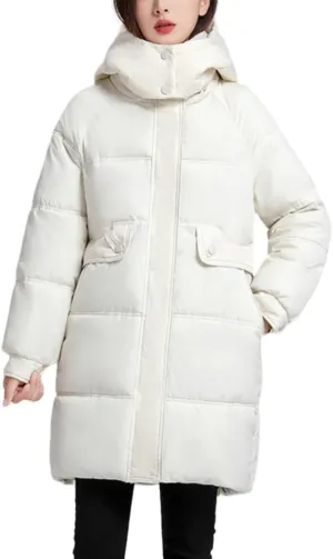 Women's Mid Length Puffer Coat Hooded Windproof Down Jacket Cotton-Padded Warm Winter Outwear