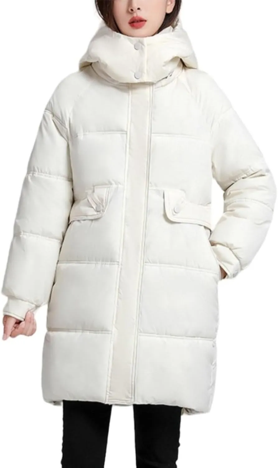 Women's Mid Length Puffer Coat Hooded Windproof Down Jacket Cotton-Padded Warm Winter Outwear