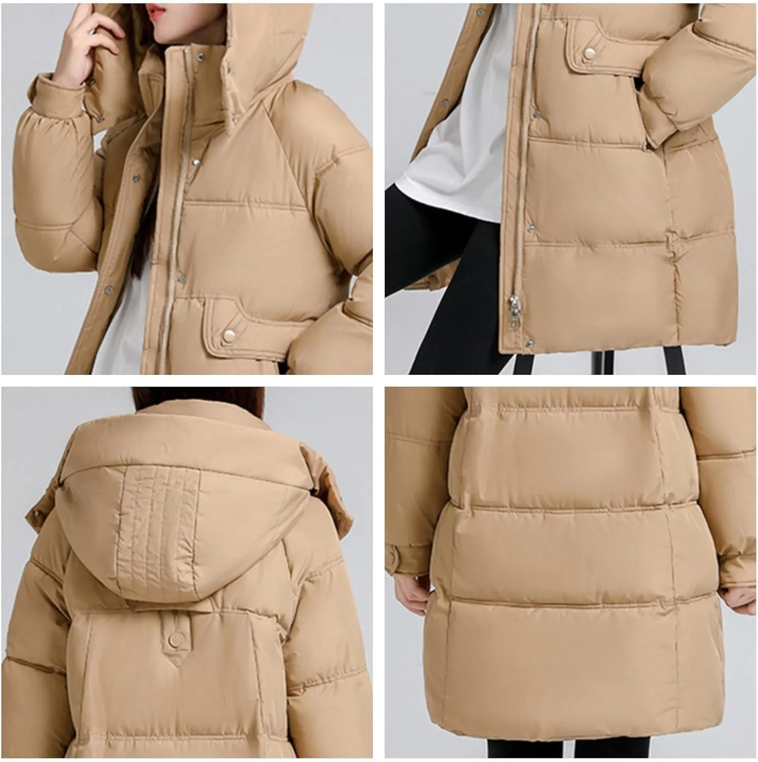 Women's Mid Length Puffer Coat Hooded Windproof Down Jacket Cotton-Padded Warm Winter Outwear