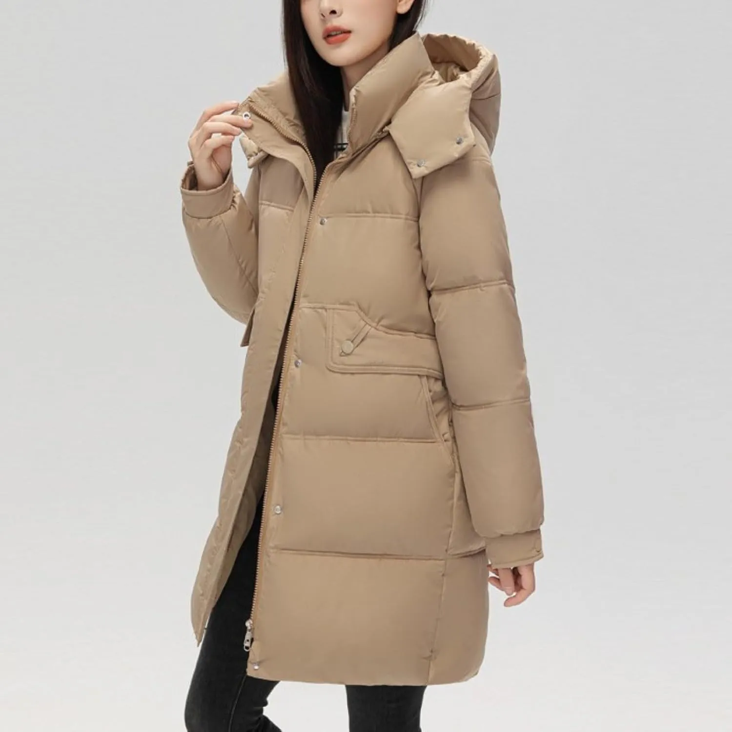 Women's Mid Length Puffer Coat Hooded Windproof Down Jacket Cotton-Padded Warm Winter Outwear